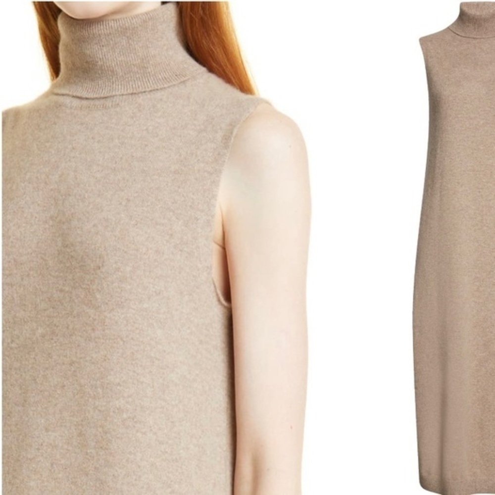 NORDSTROM SIGNATURE 100% Cashmere Turtleneck Sleeveless Sweater Dress in Tan L - Picture 2 of 12